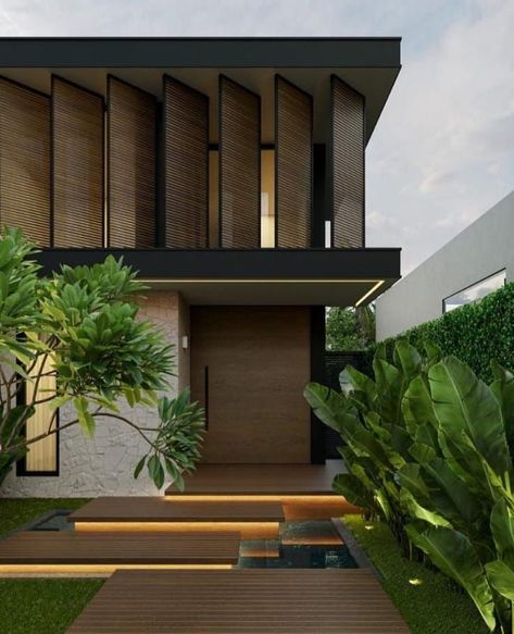 Japandi Villa Exterior, Japandi Facade House, Japandi Architecture Exterior, Japandi Home Exterior, Skypod House Design, Tropical Contemporary House Exterior, Modern Tropical Facade, Tropical House Design Exterior, Modern Tropical House Facade