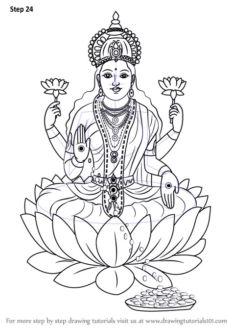 Learn How to Draw Lakshmi Mata (Hinduism) Step by Step : Drawing Tutorials Jali Designs, Lakshmi Mata, God Drawing, Ganesha Drawing, Pencil Drawing Images, Goddess Saraswati, Hindu Goddess, Goddess Artwork, Tanjore Painting