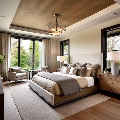 Interior Design With Character, Luxury Bedroom Hotel Master Suite, Window Placement In Bedroom, Windows Behind Nightstands, Light Floor Bedroom, Full View Bedroom, Tray Ceiling Bedroom Master Suite, Big Modern Bedroom, Luxury Hotel Bedroom Master Suite