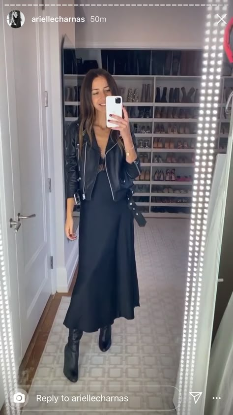 Leather Jacket Slip Dress, Slip Dress Leather Jacket Outfit, Black Slip Dress Outfit Winter, New Mum Outfits, Arielle Charnas Style, Black Slip Skirt Outfit, Slip Dress Outfit Winter, Black Slip Dress Outfit, Mushroom Mountain