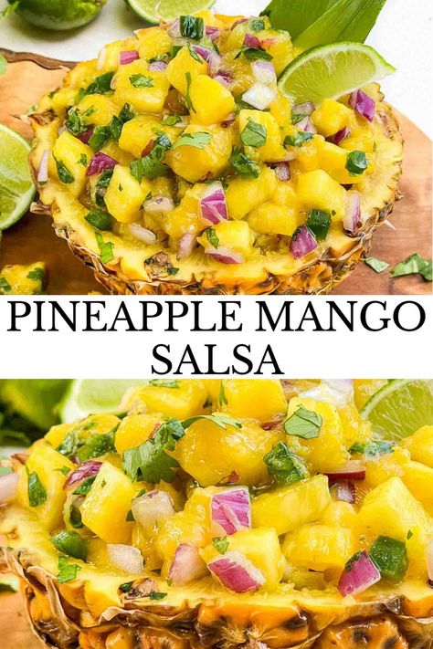 Simple Pineapple Mango Salsa recipe is sweet with a little kick! A great way to use fresh tropical flavors as a dip or a condiment for fish or tacos. Gluten free. Side Dish For Cookout, Tacos Gluten Free, Pineapple Mango Salsa, Mango Pineapple Salsa, Mango Salsa Recipe, Italian Recipes Appetizers, Mango Salsa Recipes, Homemade Salsa Recipe, Mild Salsa