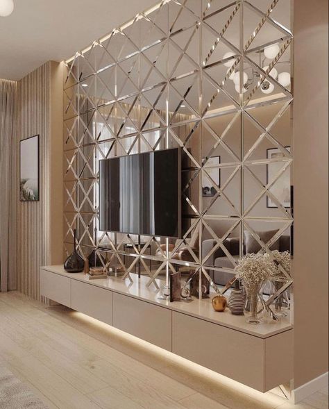 Mirror Panelling, Mirror Decor Living Room, Tv Unit Interior, Unit Interior Design, Living Room Wall Designs, Tv Unit Interior Design, Latest Living Room Designs, Bedroom Interior Design Luxury, Tv Room Design