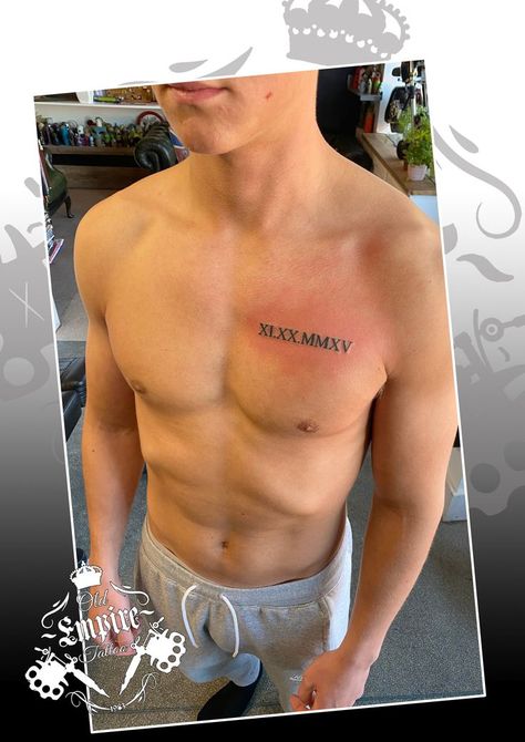 Roman Numerals for this awesome client 🤟😀 #smalltattoo #smalltattoos #oldempiretattoostudio #romannumerals #romannumeraltattoo #romannumeralstattoo #tattoo #tattoos #tattooed #tattooist #tattoolife #tattooing Tattoo Of Roman Numerals, Roman Numeral Tattoo Leg Men, Chest Tattoo Men Ideas Roman Numerals, Date On Chest Tattoo, Xi Tattoo Roman Numerals, Roman Numerals Men’s Tattoo, Men’s Roman Numeral Tattoo, Mens Date Tattoo, Date Tattoo Ideas For Men Chest