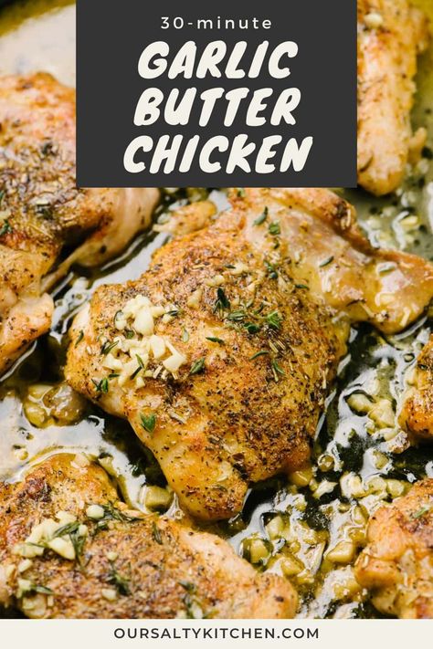 Garlic butter chicken thighs are flavorful and frugal! This is a one skillet chicken recipe, ready in just 30 minutes. Boneless skinless chicken thighs are packed with flavor and so affordable. They're generously seasoned, then pan seared until golden brown. A quick pan sauce with garlic, thyme, white wine, broth and butter is ready in just minutes. This quick chicken dinner is great for weeknights, and pairs with endless side dishes. #chickenthigh #dinner #chickenrecipe Boneless Skinless Chicken Recipes, 800 Calorie Meal, Garlic Butter Chicken Thighs, Pan Seared Chicken Thighs, One Skillet Chicken, Best Chicken Thigh Recipe, Garlic Sauce For Chicken, Chicken Thighs Dinner, Quick Chicken Dinner