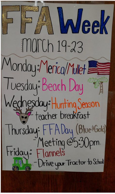 FFA week ideas Games For Ffa Meetings, Ffa Display Ideas, Ag Day Activities Kids, National Ffa Week Dress Up Days, Ffa Meeting Activities, Ffa Chapter Activities, Ffa Games Activities, Community Service Ideas For Ffa, Ffa Shirts Designs Schools