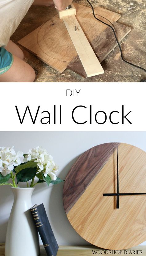 Build your own large DIY wooden wall clock with this 5 step tutorial! The two tone design gives it a fun modern feel. DIY wall clock Diy Wooden Clocks Ideas, Diy Large Clock, Diy Clock Wood, Diy Wooden Clock, Wooden Clock Ideas, Entry Bench Diy, Large Wooden Clock, Homemade Clocks, Wall Clock Decor Ideas