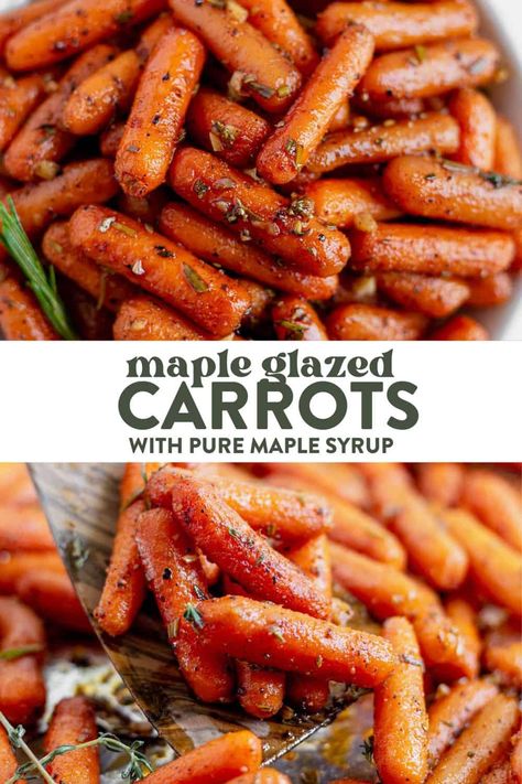 Do not underestimate these maple glazed carrots because they are full of sweet and savory flavors. This carrot recipe is the perfect side dish for holiday dinners, and weeknight dinners alike. The buttery maple syrup glaze is delicious. Maple Butter Carrots, Maple Carrots Crockpot, Maple Glazed Baby Carrots, Maple Glazed Carrots Roasted, Maple Bourbon Carrots, Carmalized Carrots, Carrots With Maple Syrup, Carrots Maple Syrup, Maple Syrup Carrots