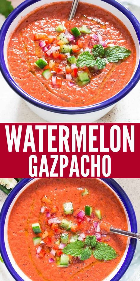 Watermelon Gazpacho Recipe, Watermelon Soup, Summer Soup Recipes, Cold Soup Recipes, Gazpacho Soup, Cold Soups, Fruit Soup, Gazpacho Recipe, Chilled Soup