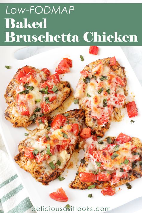 Low FODMAP Baked Bruschetta Chicken - Delicious as it Looks Gut Friendly Chicken Recipes, Lofod Map Recipes, Low Fodmap Dinner Recipes Easy, Low Fodmap Summer Recipes, Low Fodmap Casserole Recipes, Low Fod Map Dinner Recipes, Lowfodmap Easy Dinner, Low Fod Map Dinner, Easy Fodmap Recipes