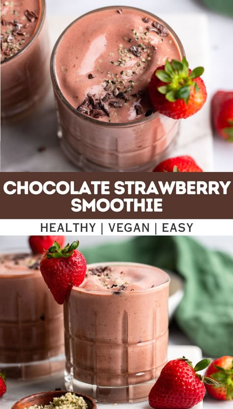 Enjoy a chocolate covered strawberry in smoothie form for breakfast when you make this delicious chocolate strawberry banana smoothie recipe. Cocoa powder adds tons of rich chocolate-y flavor to this simple but healthy smoothie recipe that is vegan and dairy free. Chocolate Protein Powder Smoothie, Strawberry Smoothie Healthy, Healthy Chocolate Smoothie, Chocolate Strawberry Smoothie, Blueberry Mango, Chocolate Protein Smoothie, Chocolate Smoothie Recipes, Mango Chocolate, Cacao Smoothie