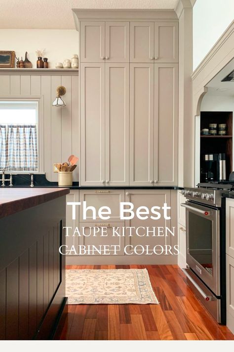 Read to find out the best taupe and beige cabinet colors for a timeless kitchen. You'll find tons of inspiration for taupe kitchens! Beige Kitchen Cabinet Colors, Beige Cabinet Colors, Neutral Kitchen Cabinets, Neutral Kitchen Colors, Timeless Kitchen Cabinets, Kitchen Cupboard Colours, Taupe Kitchen Cabinets, Kitchen Cabinets To Ceiling, Modern Townhome