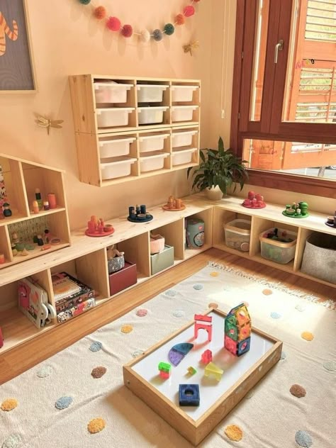 Childminders Playroom Home Daycare, Montessori Playroom In Living Room, Montessori Playroom Ideas Small Space, Small Playroom Montessori, Montessori Study Room, Montessori Ikea Ideas, Montessori In Home Daycare, Montessori At Home Preschool, Ikea Daycare Ideas