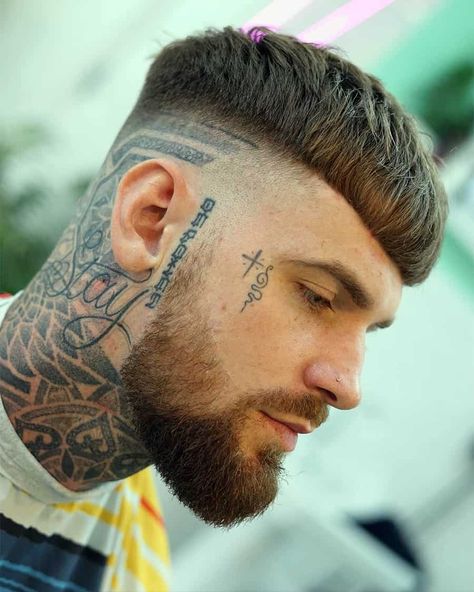 French Crop Haircut, Mens Face Tattoos, Small Face Tattoos, Face Tats, French Crop, Simple Tattoos For Guys, Crop Haircut, Beard Fade, Crop Hair