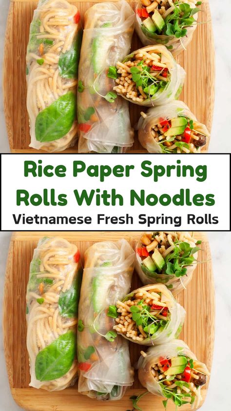 "Try these refreshing Vietnamese Fresh Spring Rolls! Made with rice paper, tender rice noodles, crisp veggies, and fresh herbs, these spring rolls wraps are light, healthy, and packed with authentic flavors. These rice paper wraps are Perfect for meal prep, quick snacks, or as a fresh appetizer for any gathering! Healthy Rice Paper Rolls Recipe, Veggie Spring Roll Recipe, Asian Rice Paper Wraps, Spring Wraps Recipes, Vietnamese Spring Rolls Vegetarian, Spring Rolls With Noodles, Rice Wraps Spring Rolls, Ricepaper Springrolls, Spring Rolls Recipe Rice Paper