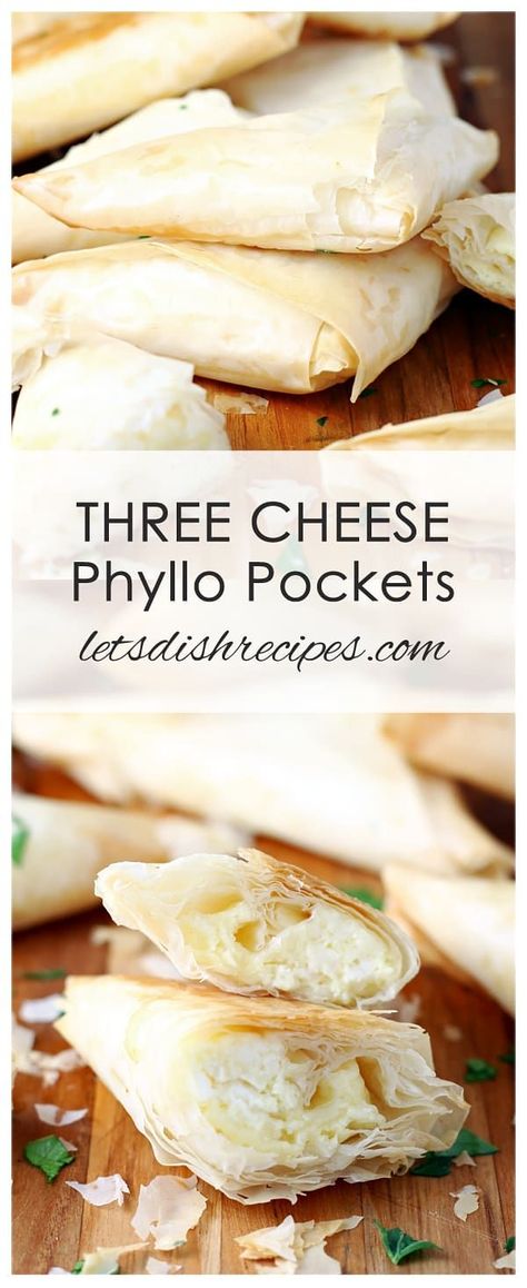 Three Cheese Phyllo Pockets Recipe: Tender, flaky puff pastry is filled with a mixture of feta, ricotta and Parmesan cheeses, then baked until golden in this simple, savory appetizer. #appetizers #cheese #phyllo #recipes #food Phyllo Appetizers, Philo Dough, Pockets Recipe, Phyllo Dough Recipes, Appetizers Cheese, Phyllo Recipes, Holiday Appetizers Recipes, Phyllo Dough, Savory Appetizer