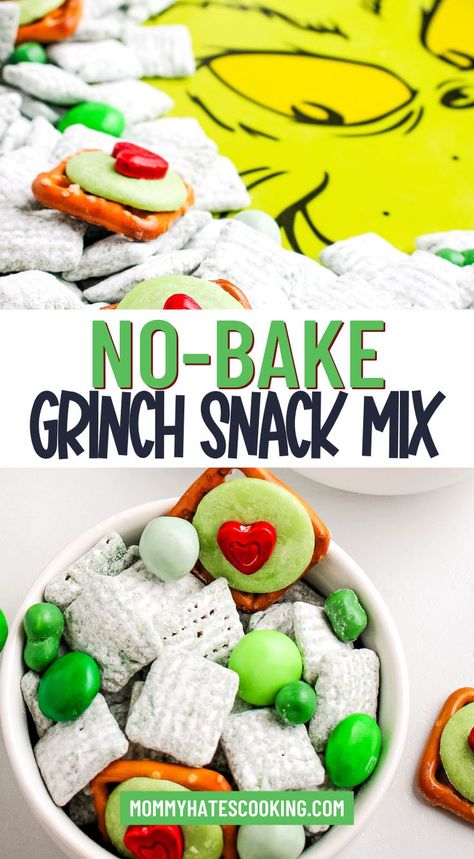 grinch chex mix Grinch Puppy Chow Recipe, Grinch Chex Mix Recipes, Grinch Treats Christmas, Grinch Puppy Chow, Christmas Chex Mix Recipe, Chex Mix Recipes Christmas, Grinch Snack, Grinch Recipes, Easy Puppy Chow