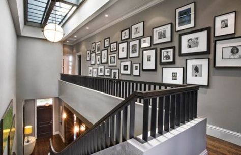 Grey walls + white trim + black frames in the hall Grey Painted Walls, Contemporary Staircase, Display Family Photos, Family Photo Wall, Staircase Wall, Revere Pewter, Photo Wall Gallery, Framed Pictures, Palette Design