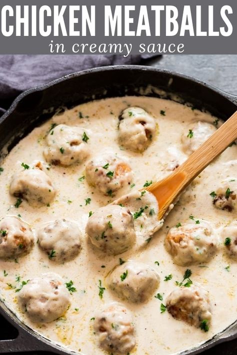 Perfectly flavored, juicy meatballs swimming in sensational creamy sauce. It’s so good to be eaten with over your favorite pasta or noodles. #chickenmeatballs #meatballrecipe #meals #creamsauce #meatballs #Parmesancheese #weeknightdinner #chickendinner #familyfavoritedinner #kidsfavoriterecipe Meat Ball Dinner, Meat Ball Dinner Ideas, Cold Appetizers Easy, Ground Chicken Meatballs, Juicy Meatballs, Chicken Meatball Recipes, Meatball Sauce, How To Cook Meatballs, Easy Cold