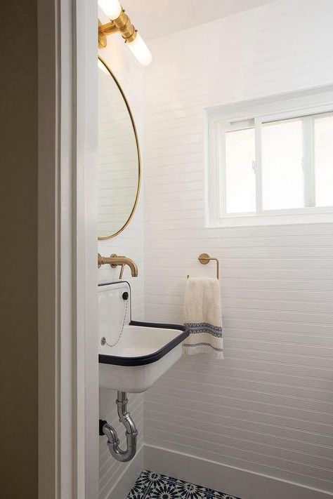 Small Powder Room with Horizontal Beadboard Walls - Transitional - Bathroom Horizontal Bead Board Walls, Beadboard Sideways, Sideways Beadboard, Beadboard Horizontal, Horizontal Beadboard Walls, Horizontal Beadboard, Beadboard Walls, Beadboard Wall, Small Powder Room Ideas