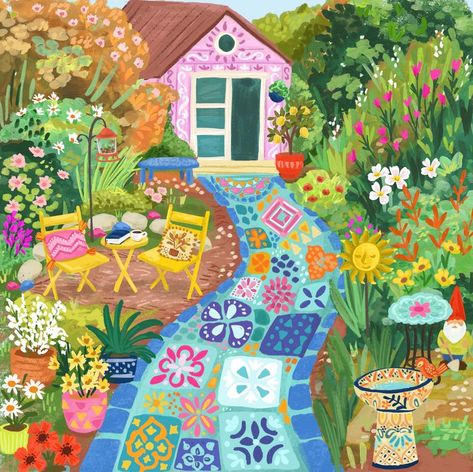 Summer Cottage | Children's Illustrators | Children's Books Puzzle Ideas, Garden Illustration, Cute Paintings, Children's Illustration, Summer Cottage, Art Licensing, Naive Art, Colorful Garden, Childrens Illustrations