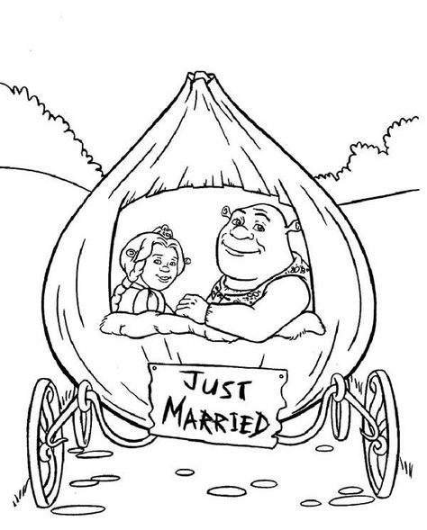 Shrek And Princess Fiona In Onion Carriage They Were Just Married Coloring Page : Color Luna Shrek Coloring Pages, Shrek Wedding, Wedding Coloring Book, Wedding Activity Book, Groom Colours, Wedding Coloring Pages, Wedding Activity, Kids Wedding Activities, Kids Coloring Book