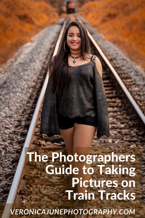 Train tracks are awesome for photos, aren’t they!? Photographers need-to-know if it's a good idea to take pictures on railroad tracks. Includes pictures, information, and ideas about family portraits. #traintracks #traintrackphotos #traintrackphotoshoot #railroadtracks #railroad #railphotography #traintrack #railroadtrack #railroadphotography #traintracksafety #safetyfirst #veronicajunephotography Railroad Family Photoshoot, Railroad Pictures Poses, Pictures On Railroad Tracks, Train Family Pictures, Railroad Track Photoshoot, Senior Pictures Railroad Tracks, Railroad Senior Pictures, Train Track Poses, Train Track Photoshoot