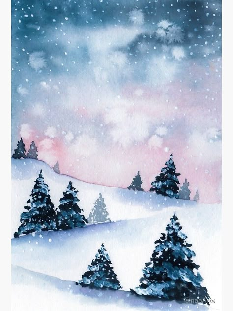 "Winterlandschaft Aquarell" Fotodruck von GinaaArts | Redbubble Aquarell Christmas Cards, Aquarell Christmas, Christmas Aquarell, Winter Landscape Watercolor, Watercolor Christmas Cards Diy, Winter Karten, Christmas Bookmarks, Christmas Landscape, Winter Watercolor