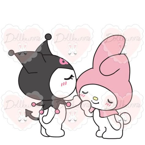 Hello Kitty With Kuromi, My Melody Y Kuromi Icons, Kuromi And My Melody Painting, Kurumi And My Melody, Kurumi Y Melody, Hello Kitty Kuromi And Melody, Hello Kitty Y Melody, Sanrio Kuromi And My Melody, Kuromi And Hello Kitty