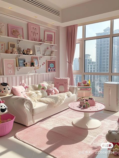 Pink Gray Living Room Decor, Pastel Pink Apartment Aesthetic, Pink House Design, Pink Interior Design Living Room, Pink Houses Interior, Cozy Living Rooms Pink, Pink Appartement Aesthetic, Cutecore Living Room, Kawaii Living Room Ideas