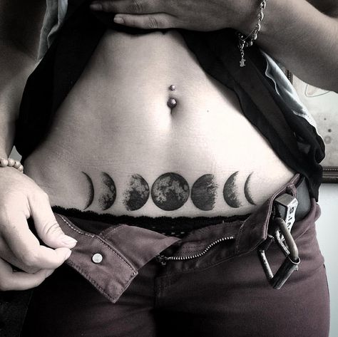 Moon Phases Tattoo, Moon Tattoos, Dotwork Tattoo, Moon Tattoo Designs, Tattoo People, Geniale Tattoos, Zodiac Tattoos, Stomach Tattoos, Cute Tattoos For Women