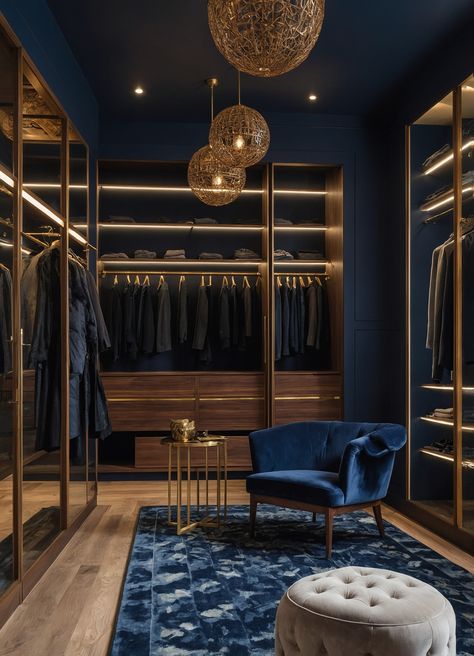 Step into sophistication with this striking dark blue walk-in closet, designed for the contemporary man who values style and functionality. The deep navy walls create an air of elegance, beautifully accented by three stunning gold chandeliers that illuminate the space with a warm glow. Plush area rugs underfoot and a chic pouf offer comfort while you peruse tailored suits and carefully curated accessories. C#LuxuryCloset #ElegantLiving" Dressing Room Design For Men, Dark Blue Closet Interior, Navy Walk In Closet, Navy Blue Walk In Closet, Masculine Closet Ideas, Blue Walk In Closet, Men Walk In Closet, Dark Blue And Gold Bedroom, Navy Blue Closet