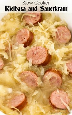 Slow Cooker Kielbasa and Sauerkraut is an easy dinner for Fall. This German dish only contains five ingredients and is ready in a few hours. - Slow Cooker Kielbasa and Sauerkraut Recipe on Sugar, Spice and Family Life Slow Cooker Sauerkraut And Kielbasa, Crockpot Kielbasa And Sauerkraut, Saurkraut And Kielbasa Slow Cooker, Kielbasa And Sauerkraut Crockpot, Crockpot Kielbasa, Kielbasa Sauerkraut, Kielbasa And Sauerkraut, Sausage And Sauerkraut, Turkey Kielbasa