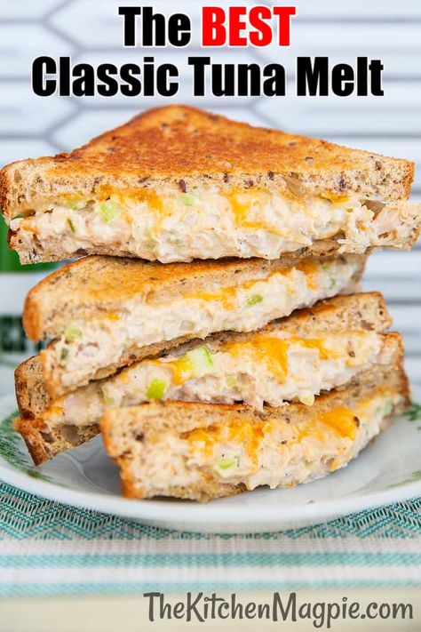 Classic Tuna Melt Sandwich - The Kitchen Magpie Classic Tuna Melt, Best Tuna Sandwich, Tuna Sandwich Recipes, Toasted Sandwich Recipes, Tuna Melt Sandwich, Tuna Melt Recipe, Tuna Salad Sandwich, Melt Recipe, Tuna Melt