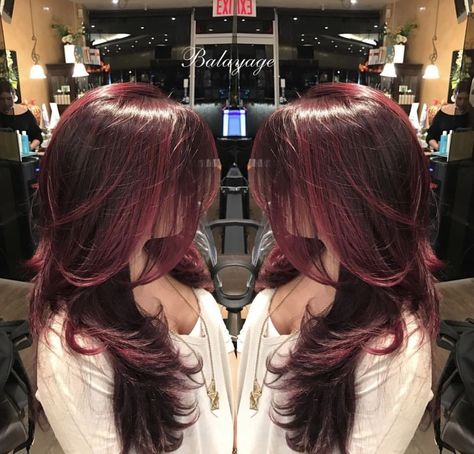 Dark Red With Brown Hair, Wine Hair Color With Highlights, Red Vine Hair Color, Deep Cherry Red Hair Highlights, Dark Red With Light Red Highlights, Wine Red Hair With Highlights, Red Wine Hair Color With Highlights, Wine Red Highlights In Brown Hair, Red And Black Balayage