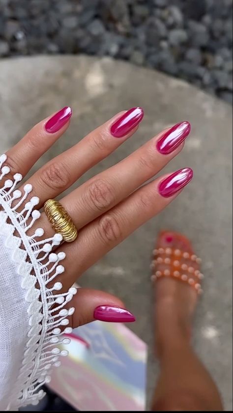 Pink Metallic Nails, Red French Tip Nail Ideas, Acrylic Nails Glossy, Nails Blue And White, Nails Mirror, French Tip Nail Ideas, Tip Nail Ideas, Nails Short Oval, Nails Medium Almond