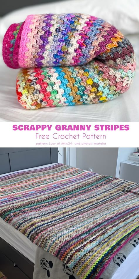 Granny stripe blankets are made by crocheting rows of granny stripes rather than individual squares. Each row consists of clusters of double crochets worked into chain spaces, creating a wavy, striped effect. Stripe Patterns For Crochet Blankets, Crochet Projects Scrap Yarn, Left Over Yarn Crochet Blankets, Crochet Scrap Blankets Free Patterns, Stash Buster Crochet Blanket Pattern Free, Granny Stripe Blanket Border, Cluster Stitch Crochet Blanket, Finger Weight Crochet Patterns, Multi Colored Crochet Blanket