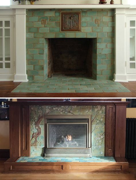 How To Tile Fireplace Surround, Craftsman Fireplace Tile, Bungalow Fireplace, Craftsman Style Fireplace, Tile Around Fireplace, Victorian Fireplace Tiles, 1920s Craftsman, Hearth Tiles, Craftsman Fireplace