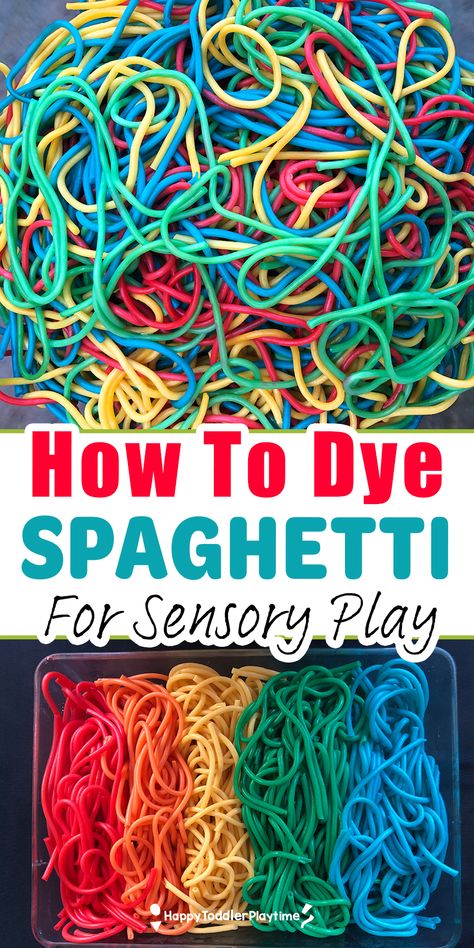 Cooked Spaghetti Sensory Play, Coloured Spaghetti Sensory Play, How To Dye Noodles For Sensory Play, Spagetti Sensory Bin, Dyed Spaghetti Noodles Sensory Play, Food Based Sensory Play, Simple Messy Play Ideas, Eatable Sensory Play, Spaghetti Noodle Sensory Bin