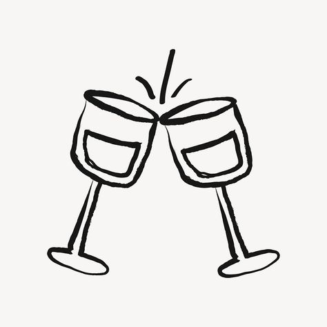 Cocktail Doodle Easy, Wine Doodle Art, Glasses Clinking Drawing, Wine Line Drawing, Wine Bottle Doodle, Wine Drawing Easy, Napkin In Glass Ideas, Wine Glasses Drawing, Cheers Doodle