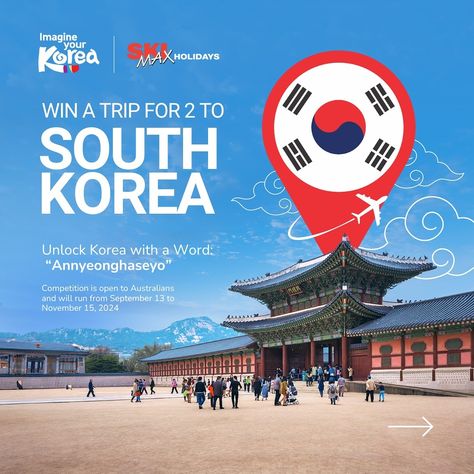 Annyeonghaseyo! 👋 Are you ready to go on an adventure to South Korea? 🇰🇷 Korea Tourism Organization will give away “a trip for two” to South Korea, where you can witness its incredible beauty, including bustling cities, rich cultural experiences, and breathtaking views! From September 13 to November 15, you can win a fantastic trip by simply saying “Annyeonghaseyo” (Hello in Korean) at 🔗 https://unlockkorea.com.au/pt/! Earn a maximum of 10 entries when you correctly say “Annyeonghasey... Hello In Korean, Korea Tourism, Travel Ads, Win A Trip, Korea Travel, Cultural Experience, Ux Ui, Ready To Go, Breathtaking Views