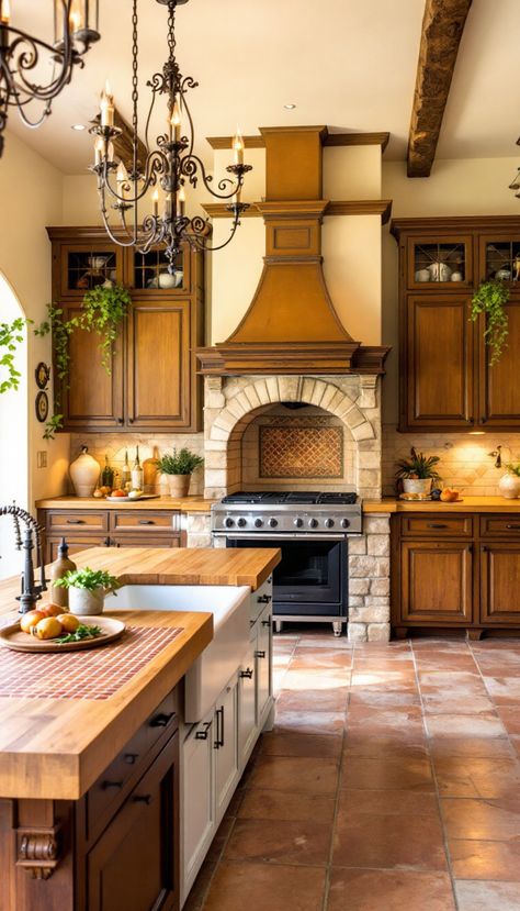 Step into a sun-drenched kitchen reminiscent of the Italian coast, where rustic elegance meets culinary brilliance. This design features a focal stone pizza oven and a communal farmhouse table, basking in the golden glow of sunset light. Large, floor-to-ceiling windows open up to breathtaking views of the rolling Tuscan hills, while vintage iron chandeliers provide a cozy ambiance. Experience the warmth and charm of Tuscany in this captivating kitchen, designed to inspire and delight. Italian Country Kitchen Tuscany, Spanish Ranch Style Homes Kitchen, Italian Style Kitchen Decor, Sun Roofs Ceilings Kitchen, Mediterranean Style Kitchen Tuscan Decor, Tuscan Home Remodel, Mediterranean Villa Kitchen, Tuscan Kitchen 2000s, Classic Italian Kitchen