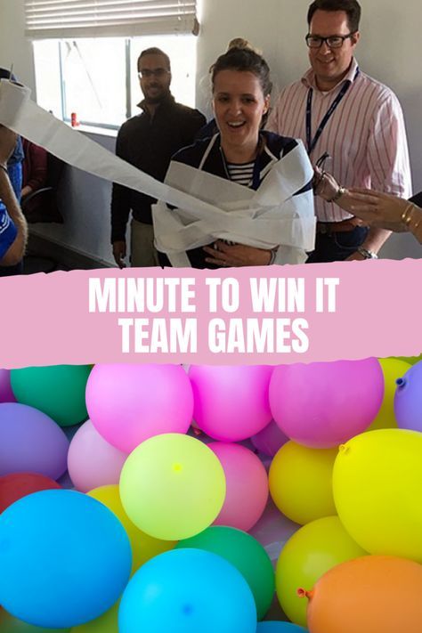 Minute to Win It Team Games {53+ IDEAS} To Compete In - Fun Party Pop Minute To Win It Decorations, Group Minute To Win It Games Team Building, Teacher Minute To Win It Games, Class Team Building, Party Tournament Games, Minute To Win It Games For School, Funny Competitive Games, Office Competition Games, Competitive Games For Groups