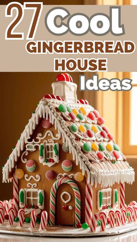 A cool gingerbread house with gumdrops sitting on a table. Upside Down Gingerbread House, Valentine Gingerbread House Ideas, Bird House Gingerbread Houses, Gingerbread House Tips And Tricks, Wood Gingerbread House Diy, Ginger Bread Houses Easy, Faux Gingerbread House Diy, Fun Gingerbread House Ideas, Life Size Gingerbread House Diy