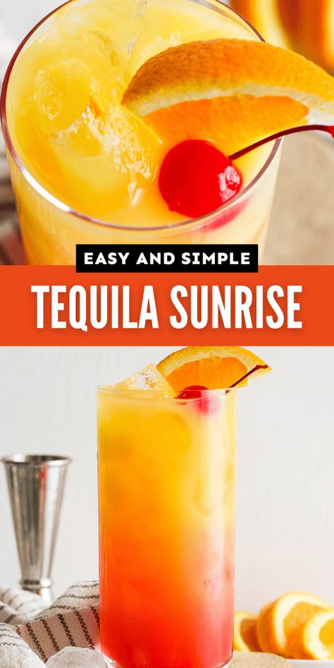 Tequila Sunrise is a classic tequila cocktail made with orange juice, tequila, grenadine, and a splash of lime juice. Easy and beautiful! Drinks With Orange Juice, Rum Sangria, Tequila Sunrise Drink, Tequila Orange Juice, Sunrise Drink, Tequila Sunrise Recipe, Grenadine Cocktail, Bread Breakfast Ideas, Grenadine Syrup