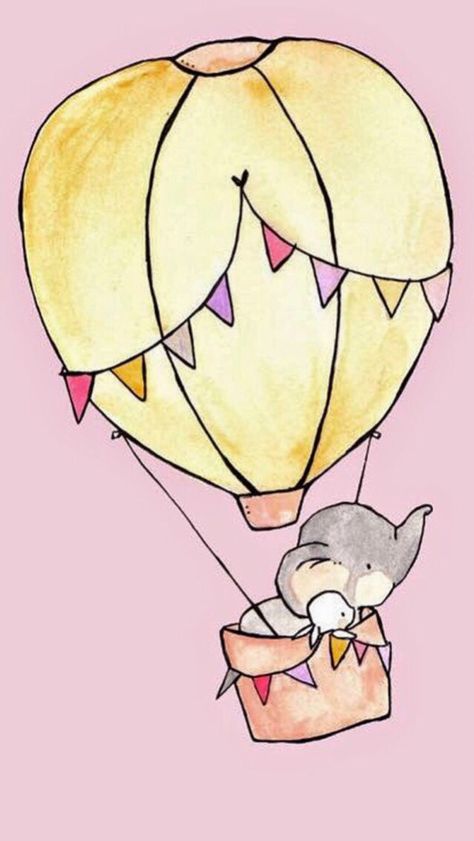 Elephant and little bunny in hot air balloon Pink Nursery Art, Arte Doodle, Baby Animal Drawings, Nursery Girl, Bunny Nursery, Art Boy, Hur Man Målar, Elephant Nursery, Elephant Art