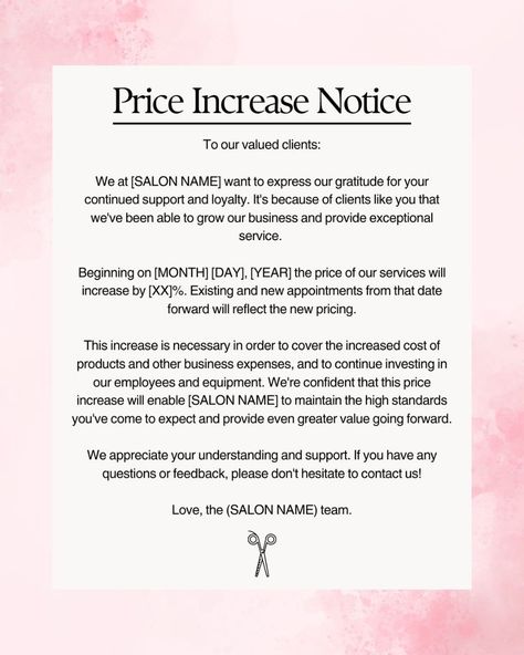 Minerva Beauty | How to Write & Share a Salon Price Increase Notice Price Board Design, Price Increase Announcement Post Design, Nail Salon Policy Ideas, Salon Bio Examples, Salon Meeting Ideas, Opening A Salon Business, Starting A Hair Business, Price Increase Announcement Post Salon, Policies For Small Business