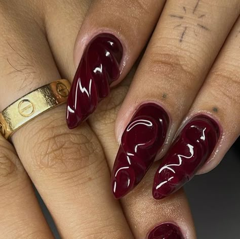 Cherry Wet Nails, Cherry Cola Nails Designs, Black Cherry Red Nails, Red Textured Nails, Red Nails With Art, 3d Red Nails, Red 3d Nails, Centipede Nails, Cherry Color Nails