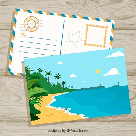 Hand drawn summer post card template with tropical island. Download thousands of free vectors on Freepik, the finder with more than 3 millions free graphic resources Post Card Illustration, Post Card Art, Postcard Design Inspiration, Postcard Drawing, Post Card Design, Postcards Inspiration, Postcard Ideas, Diy Postcard, The Finder