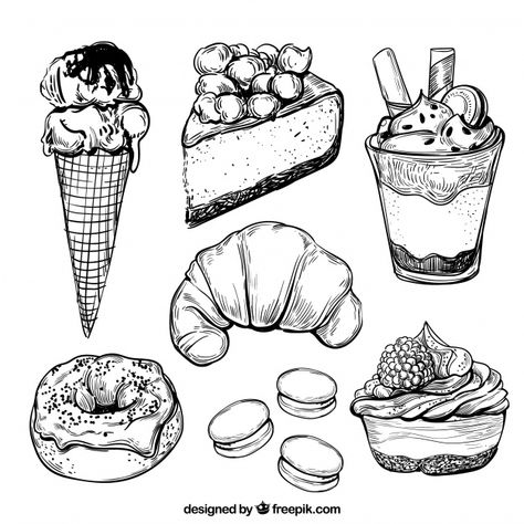 Sweets desserts collection in hand drawn... | Premium Vector #Freepik #vector #food #hand #cake #bakery 심플한 그림, Food Sketch, Food Illustration Art, Object Drawing, Food Drawing, Ink Illustrations, Food Illustration, Pen Art, Sweets Desserts