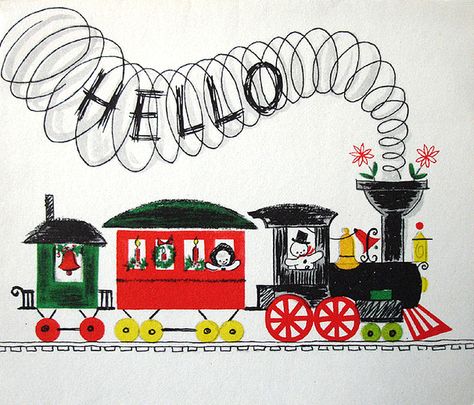 Early 1960s Vintage Christmas Card Train Painting, 1960s Christmas, Train Drawing, Christmas Card Illustration, Jingle Jangle, A Vintage Christmas, Vintage Christmas Card, Vintage Christmas Images, Merry Christmas Happy New Year